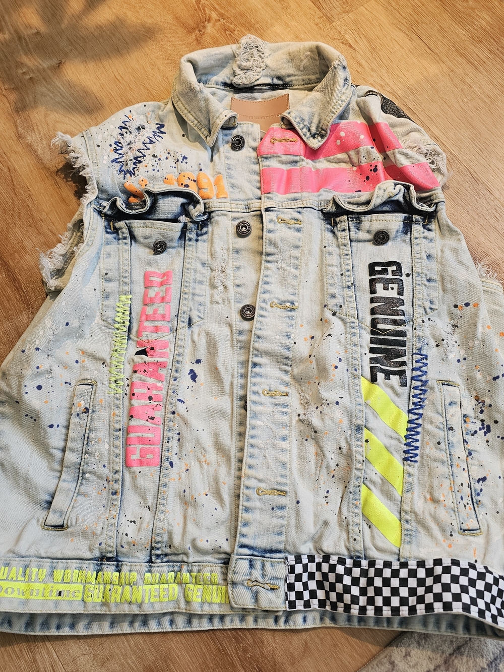 Light Wash Denim Vest with Neon Pink & Yellow Graphic Details